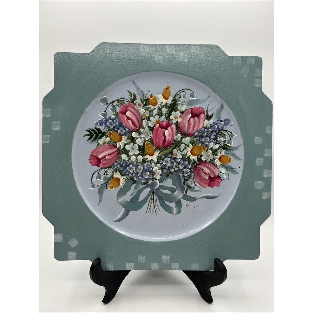 Hand Painted Square 10" Blue Floral Wooden Plate Tulips Bluebells Daffodils